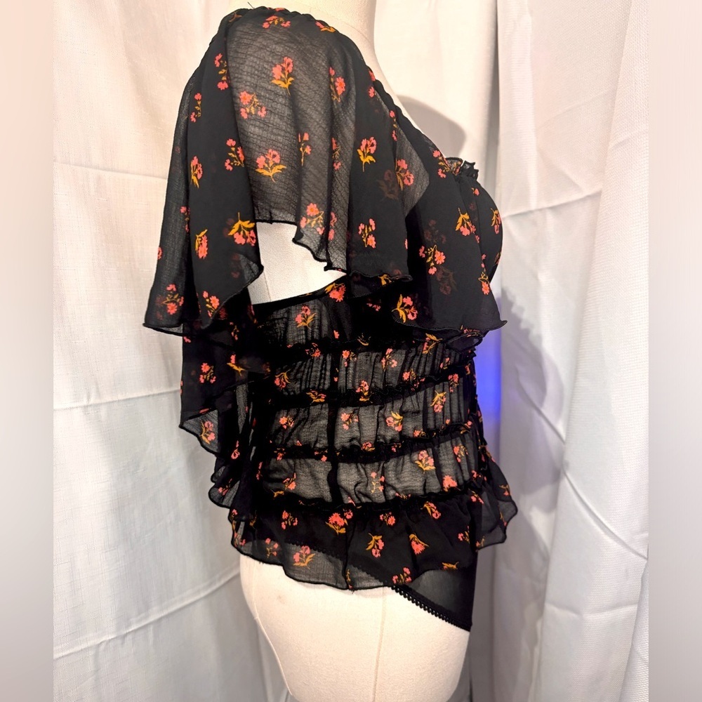 (NWT) Intimately Free People - Black Sheer Floral Ruffle Bodysuit - Picture 2 of 9